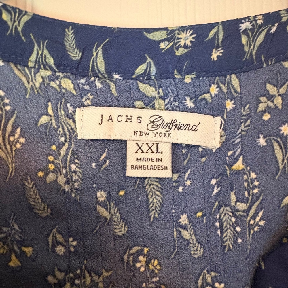 JACHS Girlfriend XXL Blue Floral Button Down 3/4 Puff Sleeve Blouse Boho Prairie - Picture 4 of 10